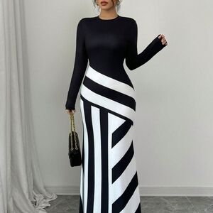 Elegant Black and White Striped Maxi Dress
